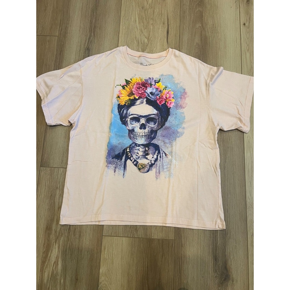 Frida Kahlo Women's Pink Graphic T-Shirt Skull Floral Portrait Size Small S